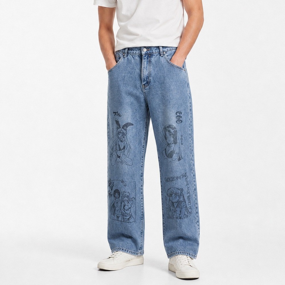 Mens Blue Wash Anime Graffiti Wide Leg Cropped Denim Jeans XL Y2K Boho